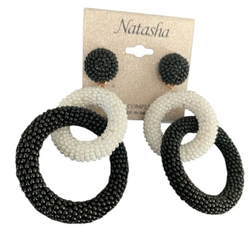 Natasha Couture Black and White Beaded Earrings double hoop drop round